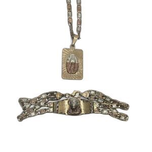 Virgin Mary Jesus Tri-Color Metal Copper Necklace & Bracelet Set